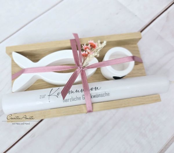 Geschenkset Anlaß zur Auswahl mit Fisch und Kerzenständer aus Beton - ROSA